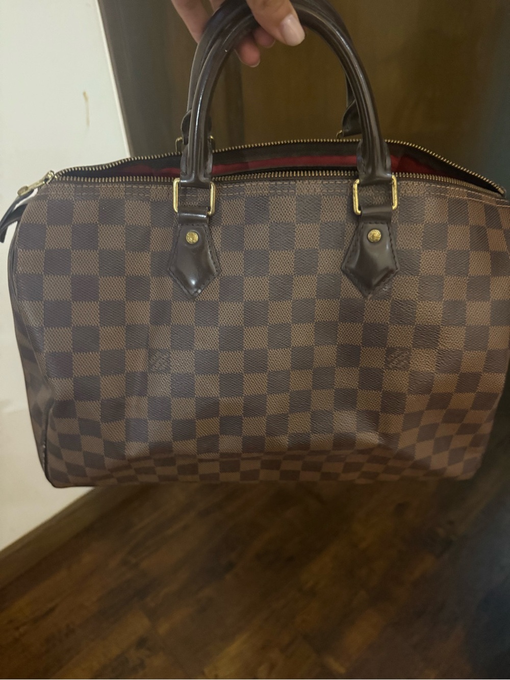 Louis Vuitton Brown Damier Ebene Canvas Speedy Satchel with Red Interior